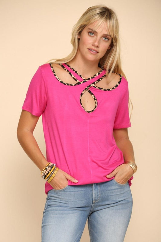 Celeste Full Size Crisscross Cutout Leopard Contrast Trim T-Shirt Fuchsia