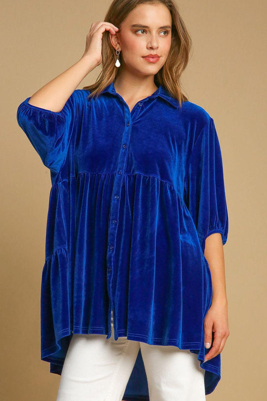 Umgee Button Down Tiered Back High Low Shirt Sapphire