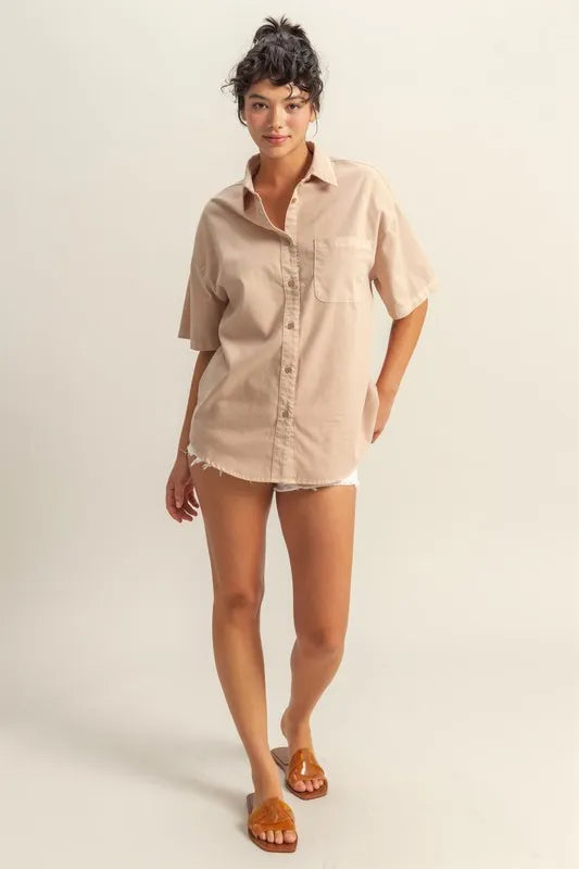 HYFVE Short Sleeve Button Down Oversized Shirt DARK TAUPE