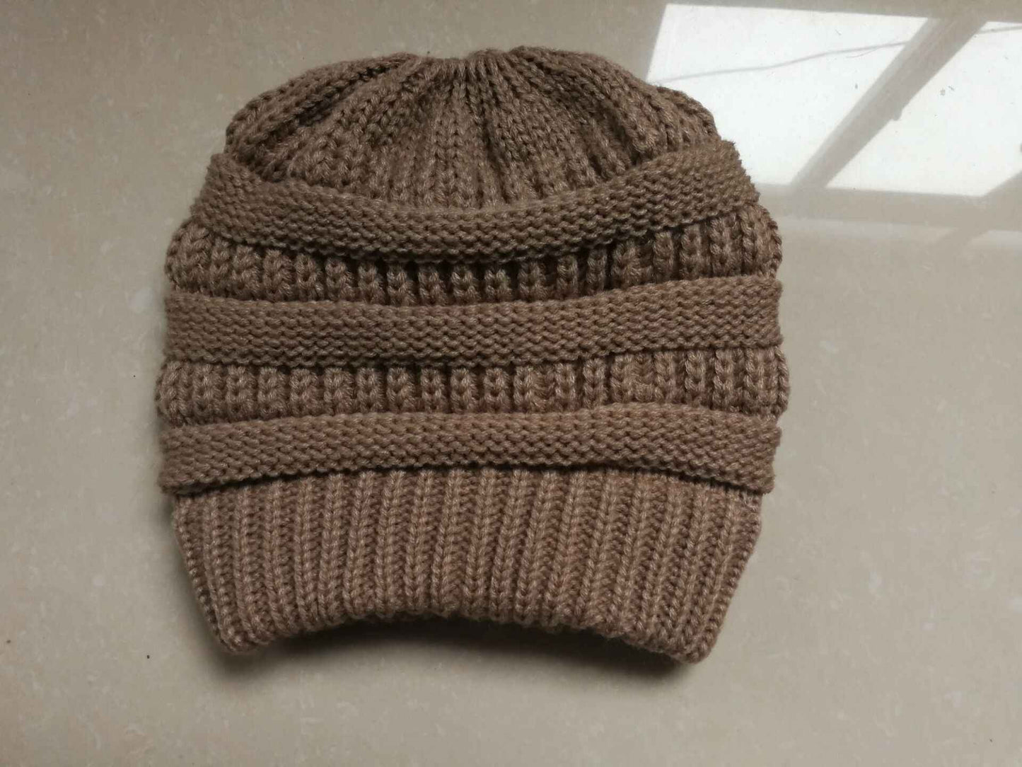 Womens Knitted Ponytail Hat Winter Warm Cap Shallow khakis Without label