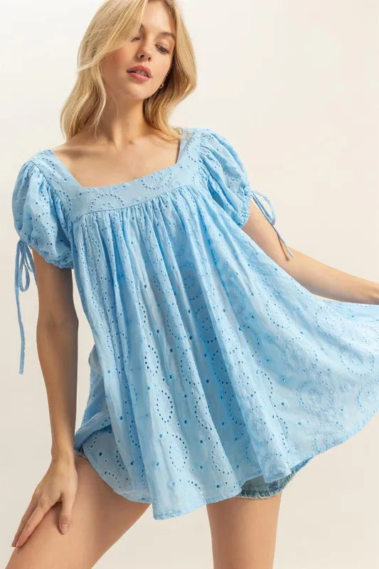 HYFVE High-Low Eyelet Square Neck Short Sleeve Blouse Pastel Blue