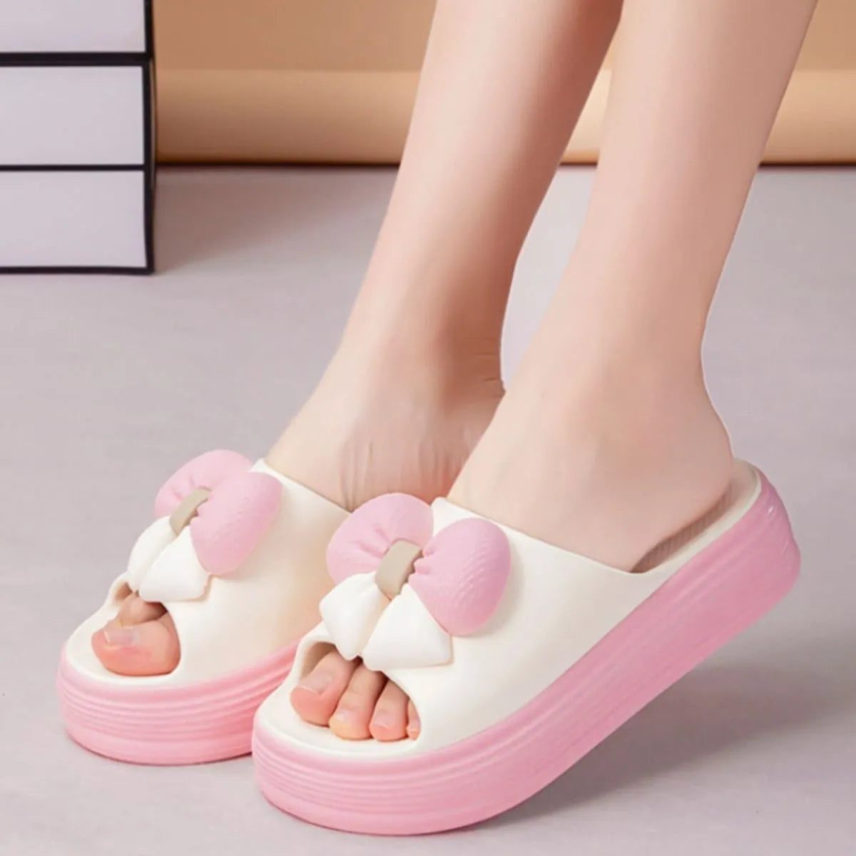 Open Toe Platform Slippers Pink