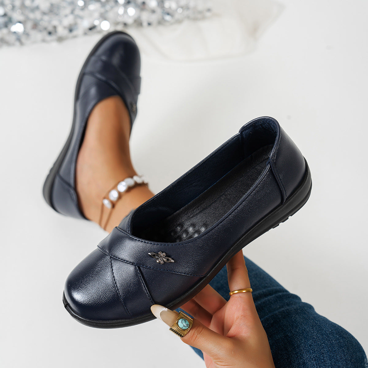 Women's Chanel-Style Flat Loafers with Metal Buckle & Tassel Detail