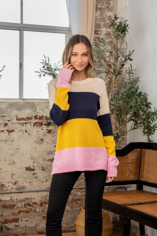 Sew In Love Full Size Color Block Exposed Seam Sweater Navy Blush