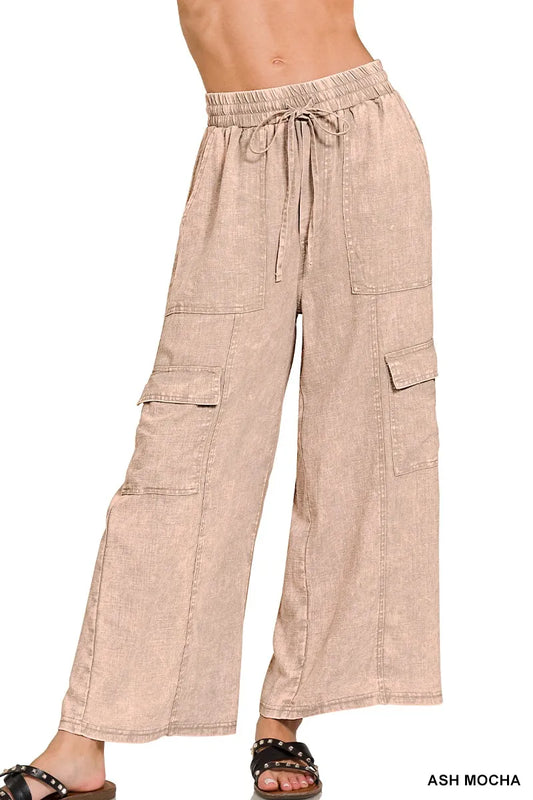 Zenana Washed Linen Elastic Band Waist Cargo Pants ASH MOCHA