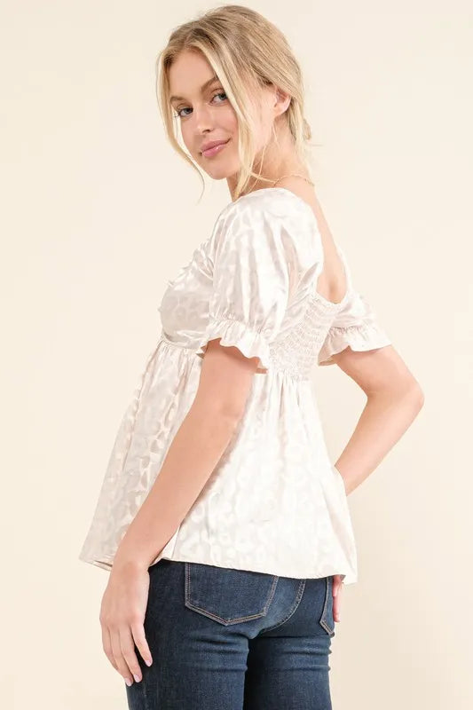 And The Why Satin Leopard V Wired Puff Sleeves Blouse