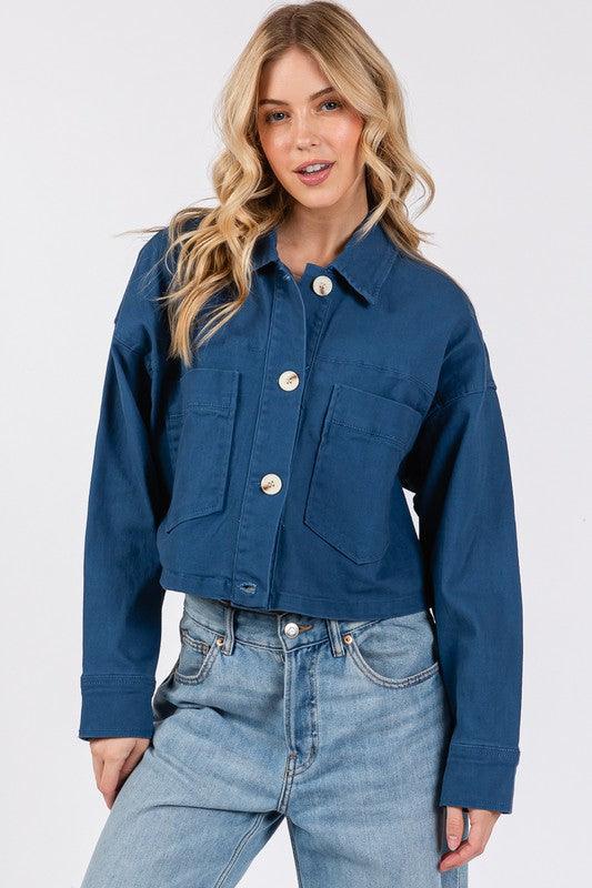 bytos Button Down Cropped Denim Jacket with Patch Pockets Peacock Blue