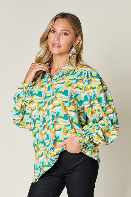 Double Take Full Size Printed Smocked Long Sleeve Blouse Turquoise