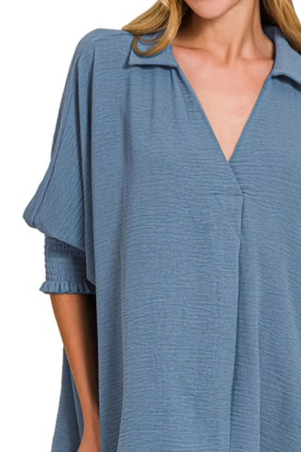 Zenana Airflow Collar Tee with Smocked Sleeve Band Top