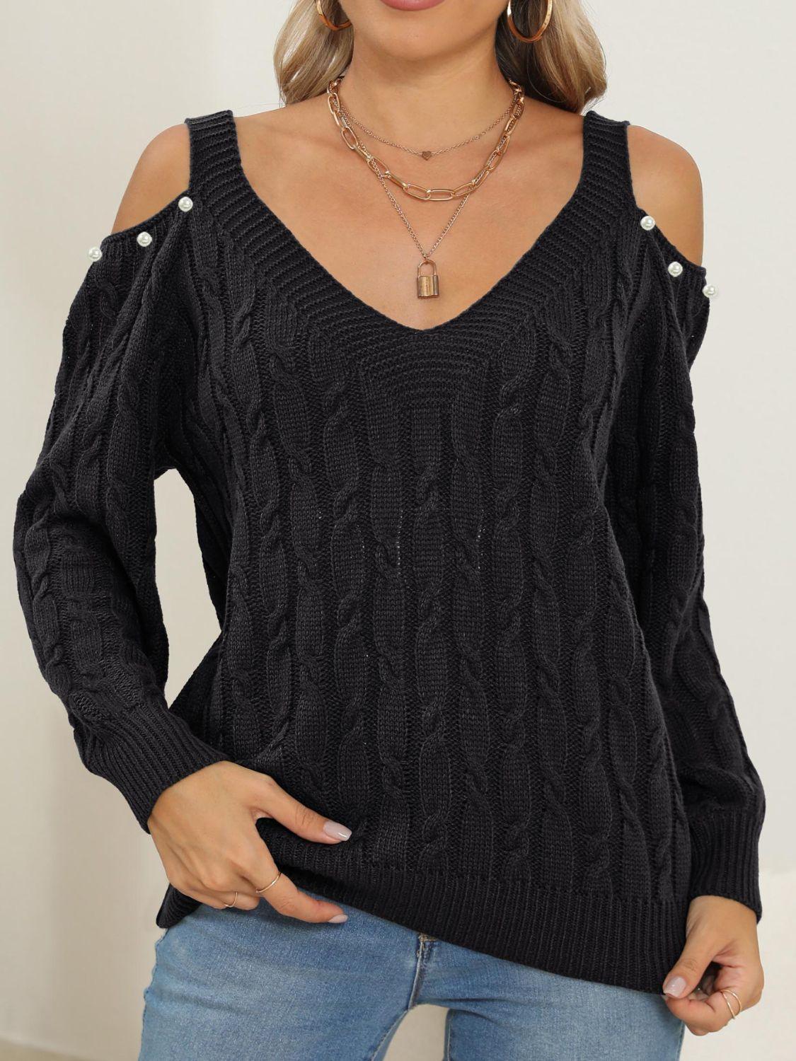Cable-Knit Cold Shoulder Sweater Black