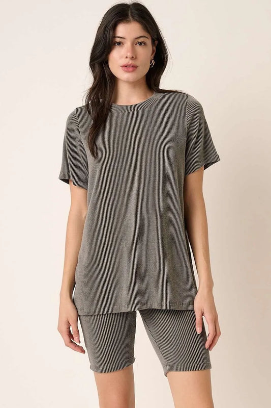 Mittoshop Rib Knit T-Shirt and Biker Short Set CHARCOAL