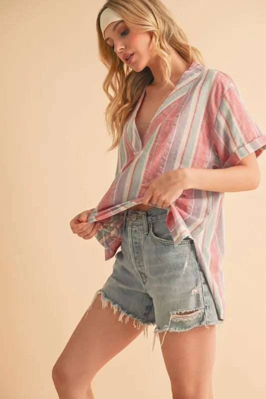 Aemi+Co Side Slit Striped Short Sleeve Blouse