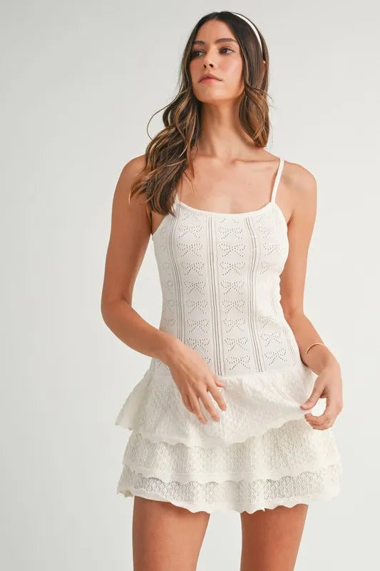 MABLE Bow Pointelle Knit Ruffle Mini Dress OFF WHITE