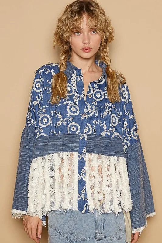 POL Lace Hem Embroidered Long Sleeve Shirt Peacock Blue
