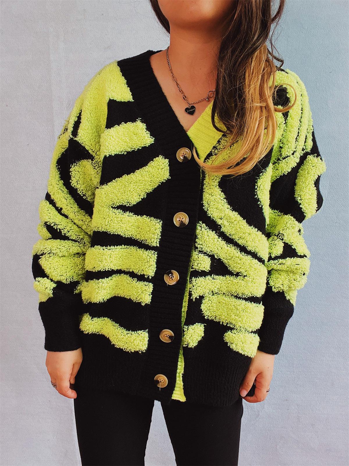 Contrast Button Up Long Sleeve Cardigan Chartreuse One Size