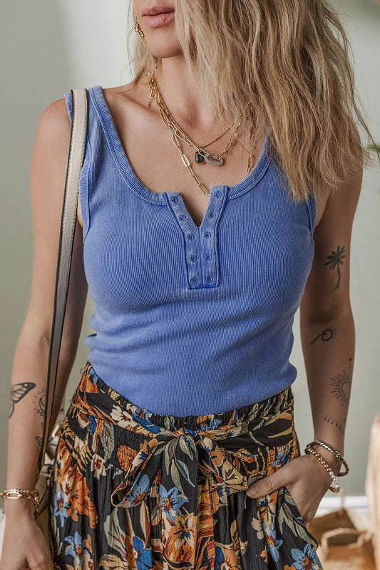 Mineral Wash Ribbed Notch Neck Tank Dusty Blue