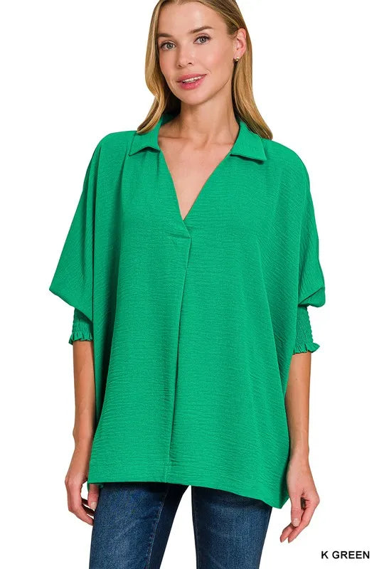 Zenana Airflow Collar Tee with Smocked Sleeve Band Top K GREEN