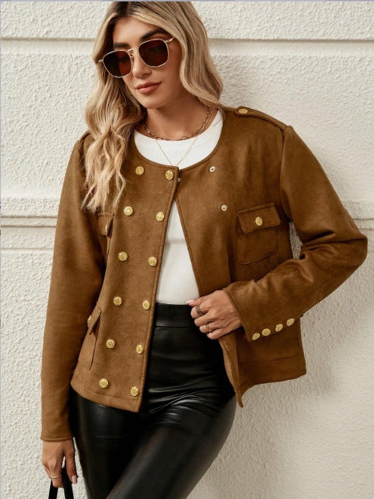 Snap Down Round Neck Jacket Brown