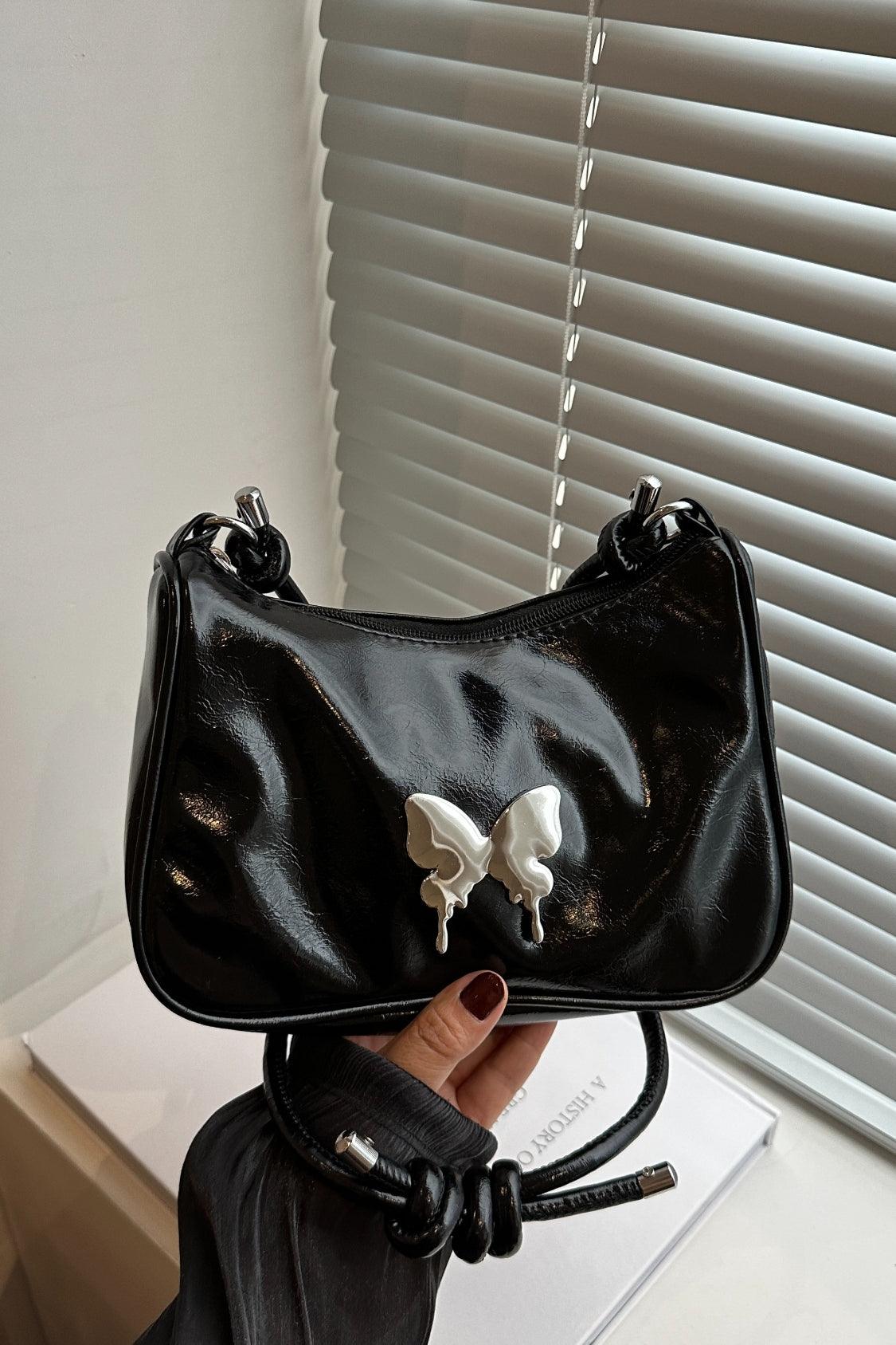 Butterfly PU Leather Knotted Strap Shoulder Bag Black One Size