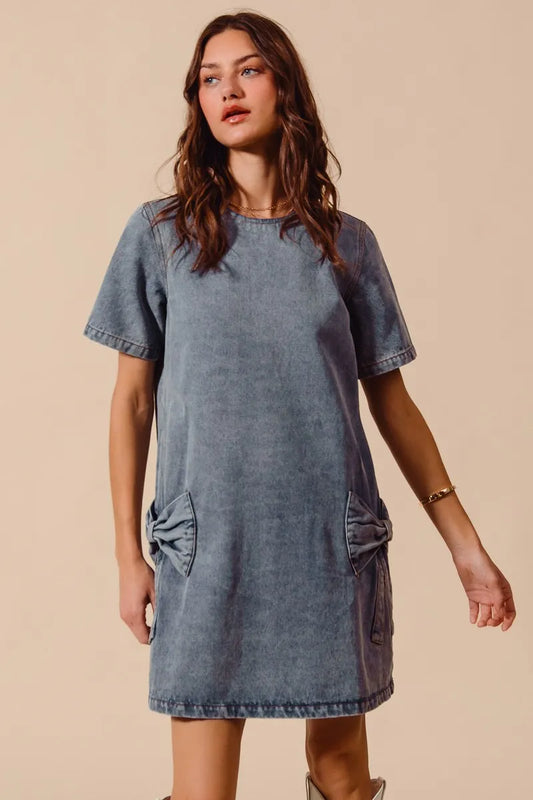 SO ME Bow Ribbon Knot Applique Denim Mini Dress DENIM