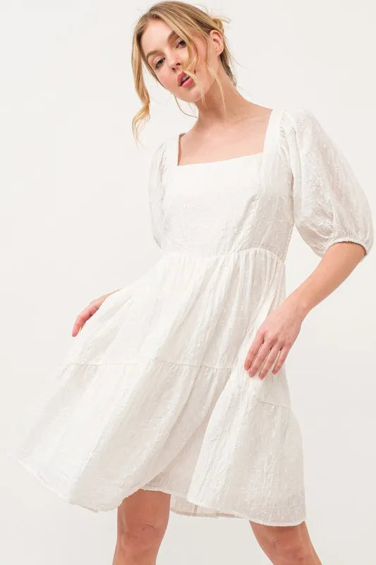 And The Why Square Neck Puff Sleeve Tiered Mini Dress