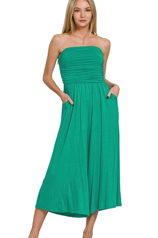 Zenana Double Layered Strapless Tube Top Jumpsuit K GREEN