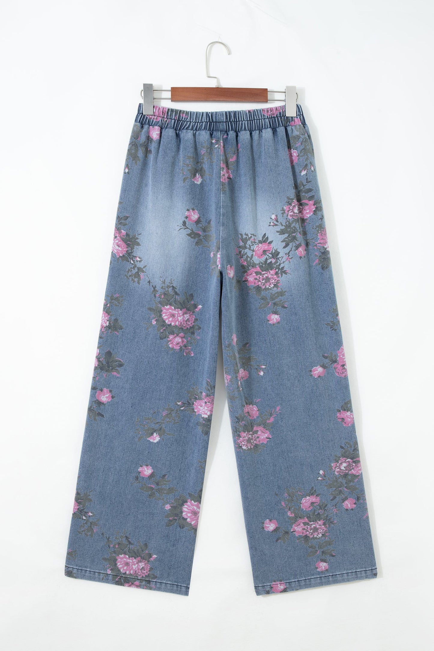 Floral Denim Elastic Waist Straight Leg Jeans
