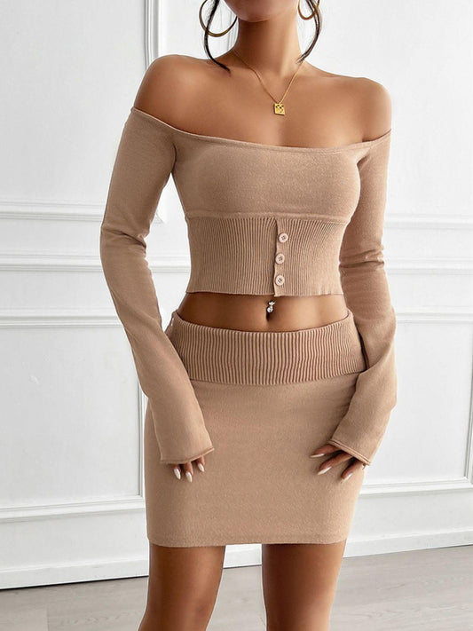 Devine Decorative Button Off-Shoulder Top and Skirt Set Tan