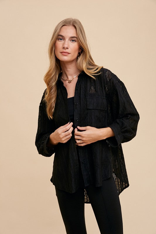 Annie Wear Openwork Button Down Drop Shoulder Shirt Black