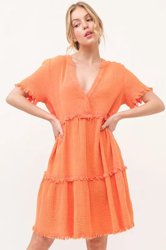 And The Why Washed Frayed Detail Tiered Dress Orange