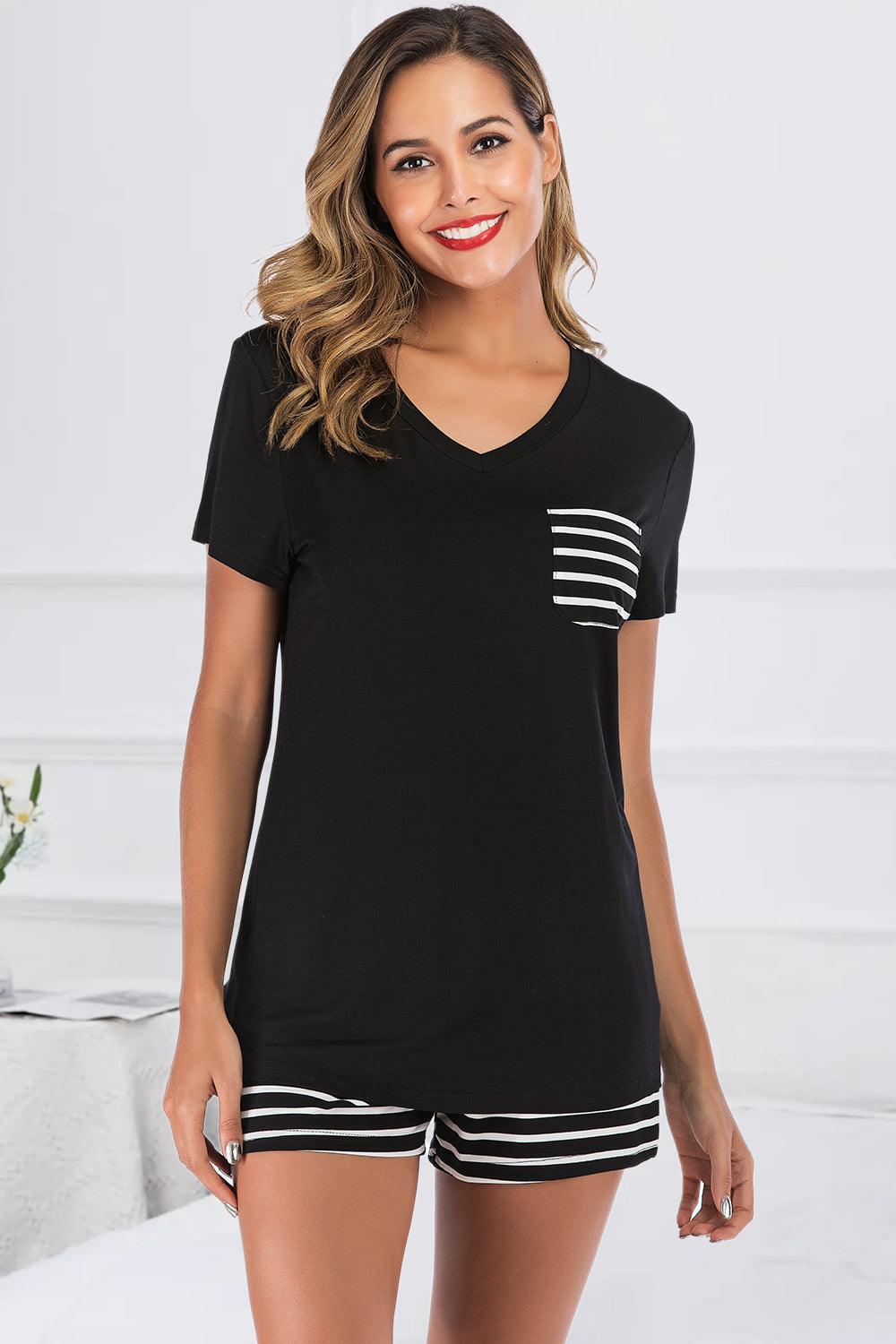 Striped Short Sleeve Top and Shorts Lounge Set Black