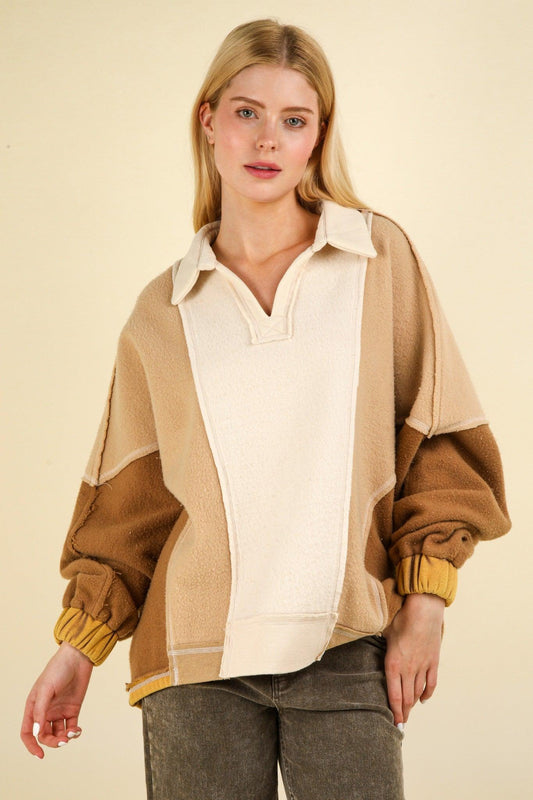 VERY J Color Block Johnny Collar Frenchy Terry Sweatshirt Taupe