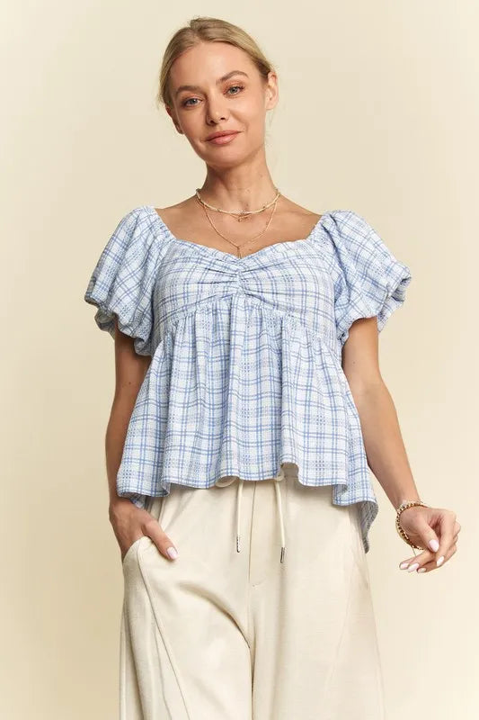 Davi & Dani Plaid Puff Sleeves Ruffled Smocked Blouse Blue