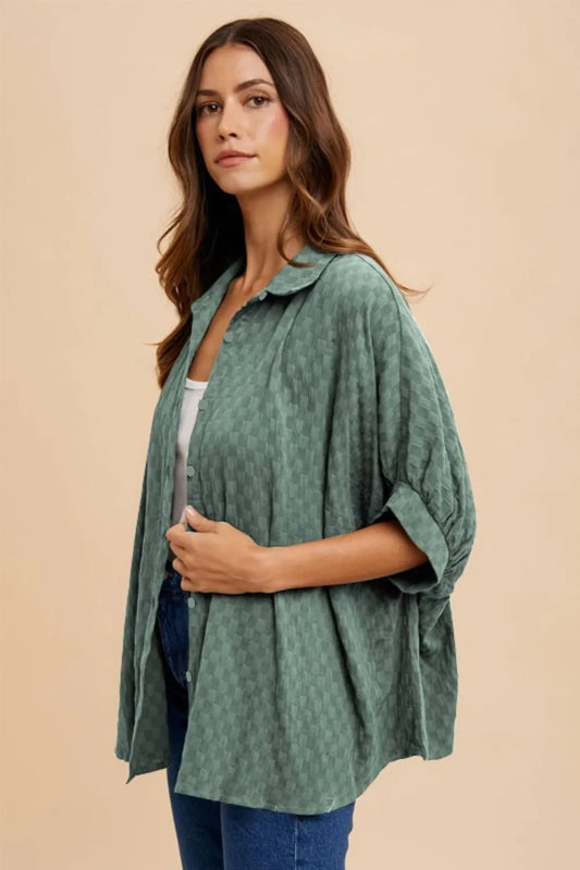 Annie Wear Checkered Button Up Half Sleeve Shirt Dark Sage