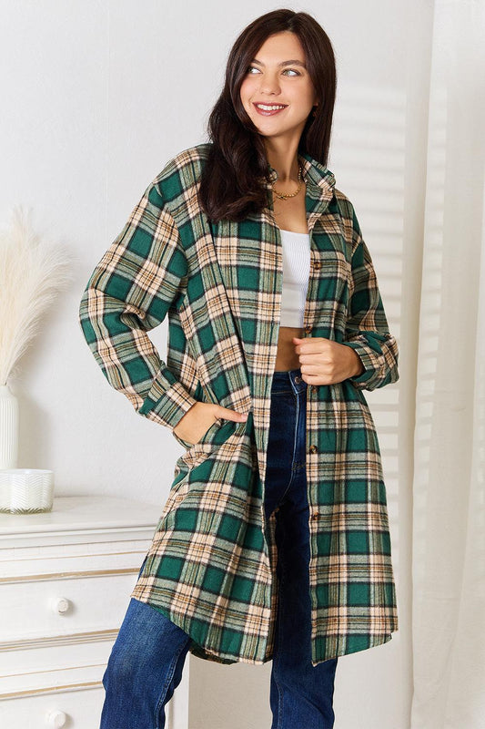 Mandy Plaid Collared Neck Long Sleeve Shirt Dark Green