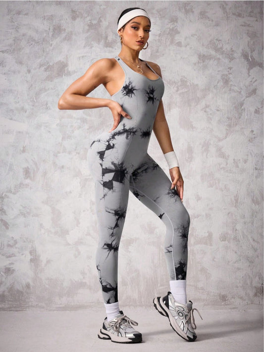 Back Crisscross Tie-Dye Scoop Neck Active Jumpsuit Gray