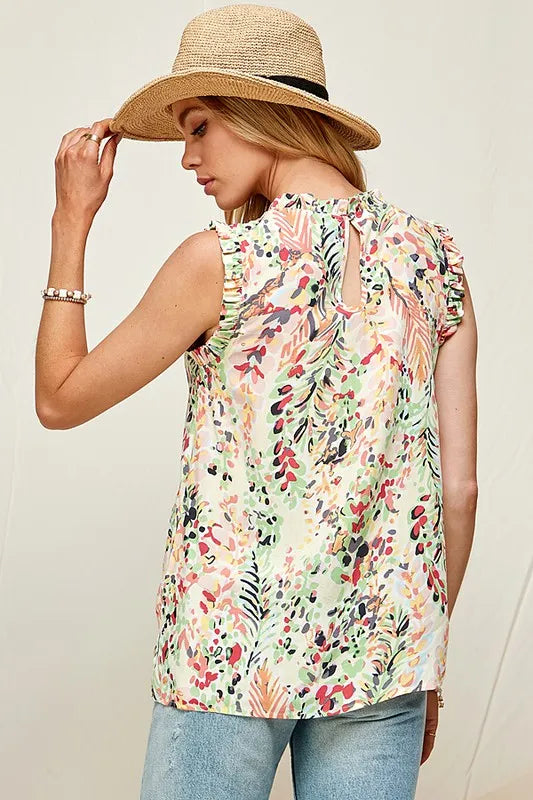 Lime 'N' Chili Plus Size Graphic Print Ruffle Trim Mock Neck Sleeveless Top