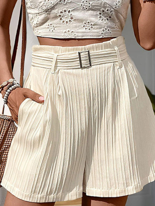 Textured High Waist Shorts with Pockets Beige