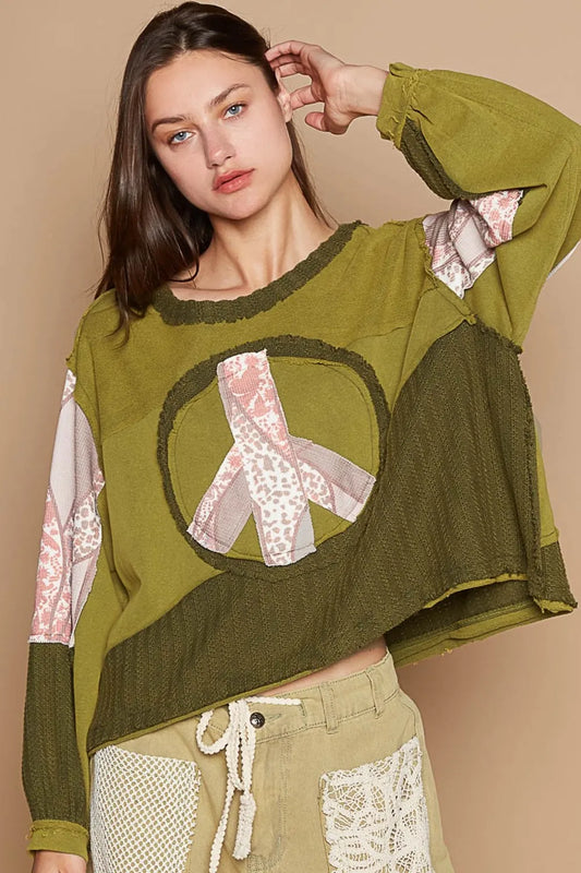 POL Long Sleeve Cut Sew Peace Emblem Top Greenery