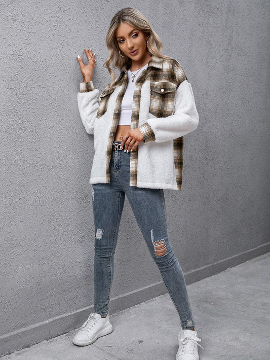Ivy Lane Plaid Collared Neck Button Down Jacket Khaki