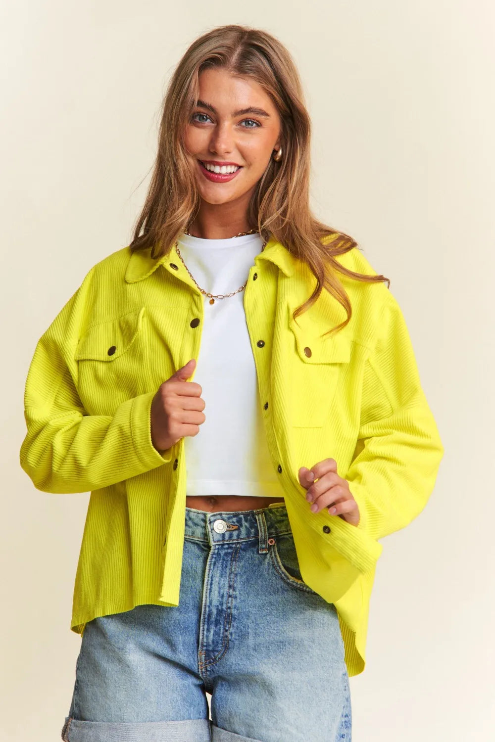 J.NNA Snap Down Long Sleeve High Low Shacket Chartreuse