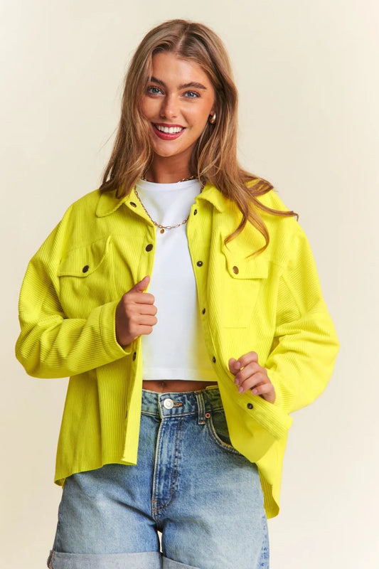 J.NNA Snap Down Long Sleeve High Low Shacket Chartreuse