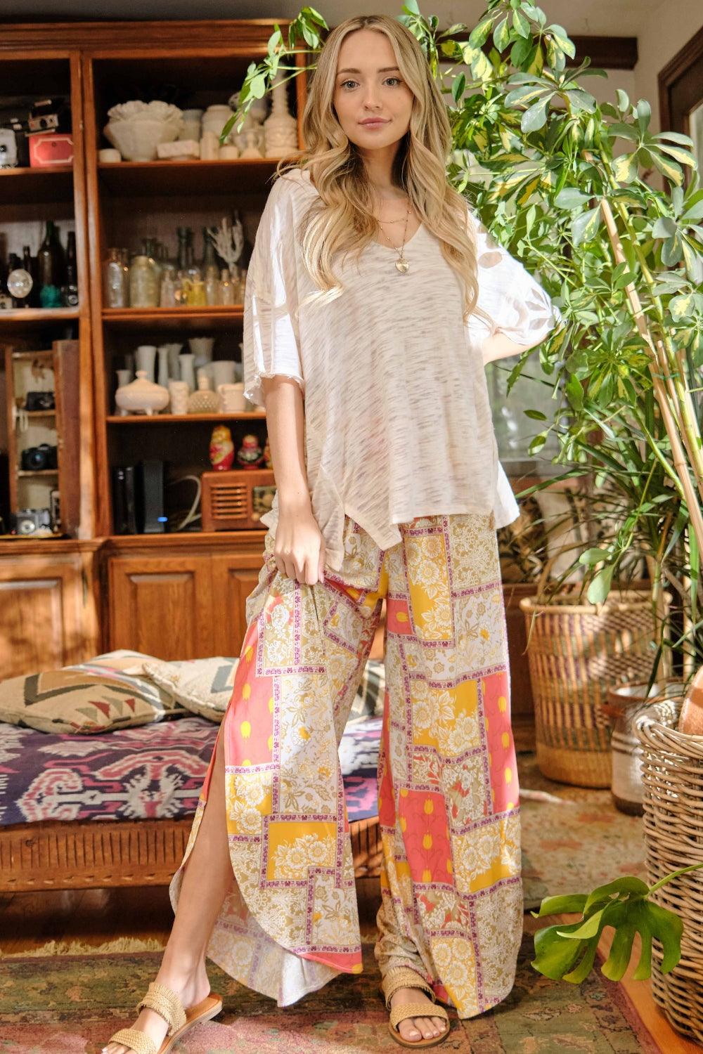 And The Why Printed Smocking Waist Side Slit Wide Leg Pants Yellow