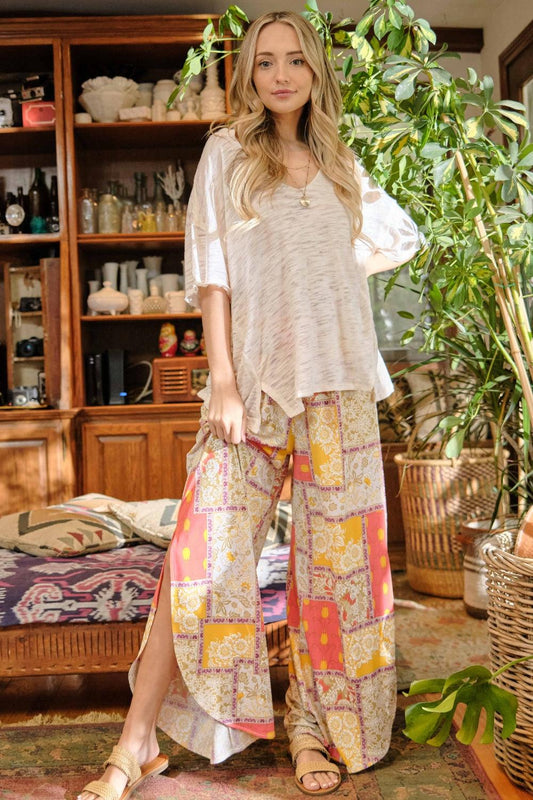 And The Why Printed Smocking Waist Side Slit Wide Leg Pants Yellow