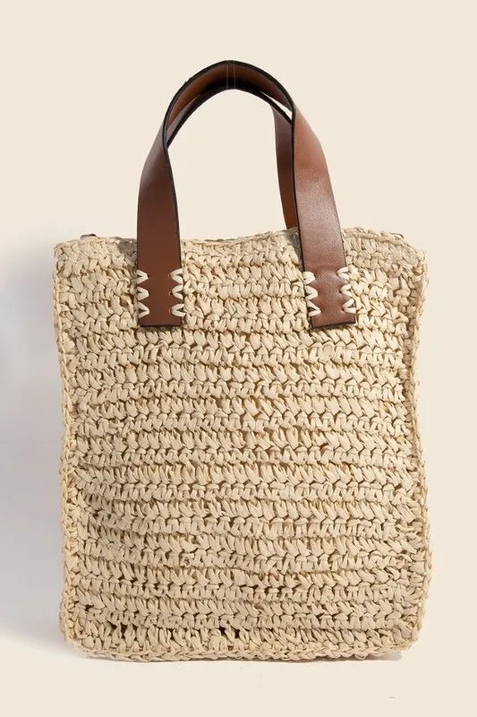 Fame Faux Leather Handle Straw Braided Handbag Iv One Size