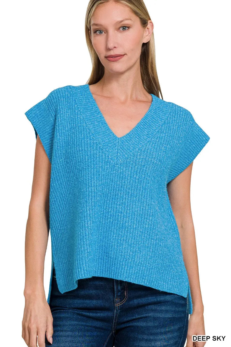 Zenana Oversized Sweater Vest with Side Slit DEEP SKY