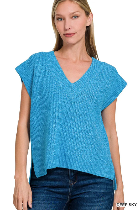 Zenana Oversized Sweater Vest with Side Slit DEEP SKY