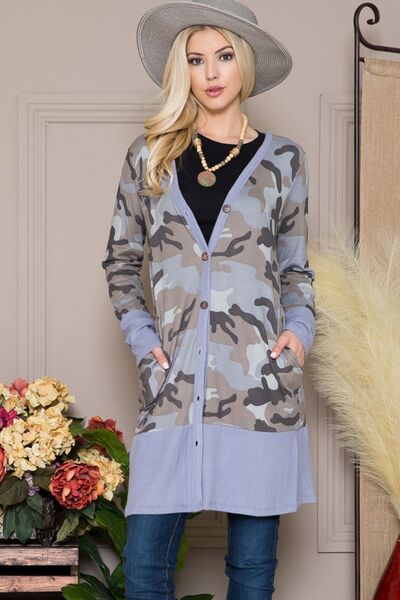 Celeste Full Size Camouflage Button Up Long Sleeve Cardigan Plus Size Blue Camouflage