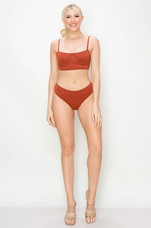 And The Why Ribbed Underwire Plunge Bikini Swimsuits RUST