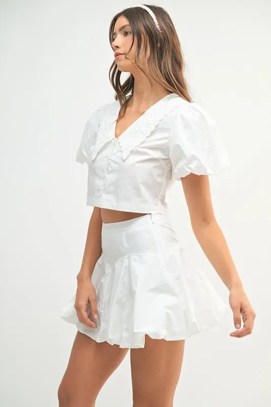 MABLE Puff Sleeve Button Down Top and Bubble Skirt Set